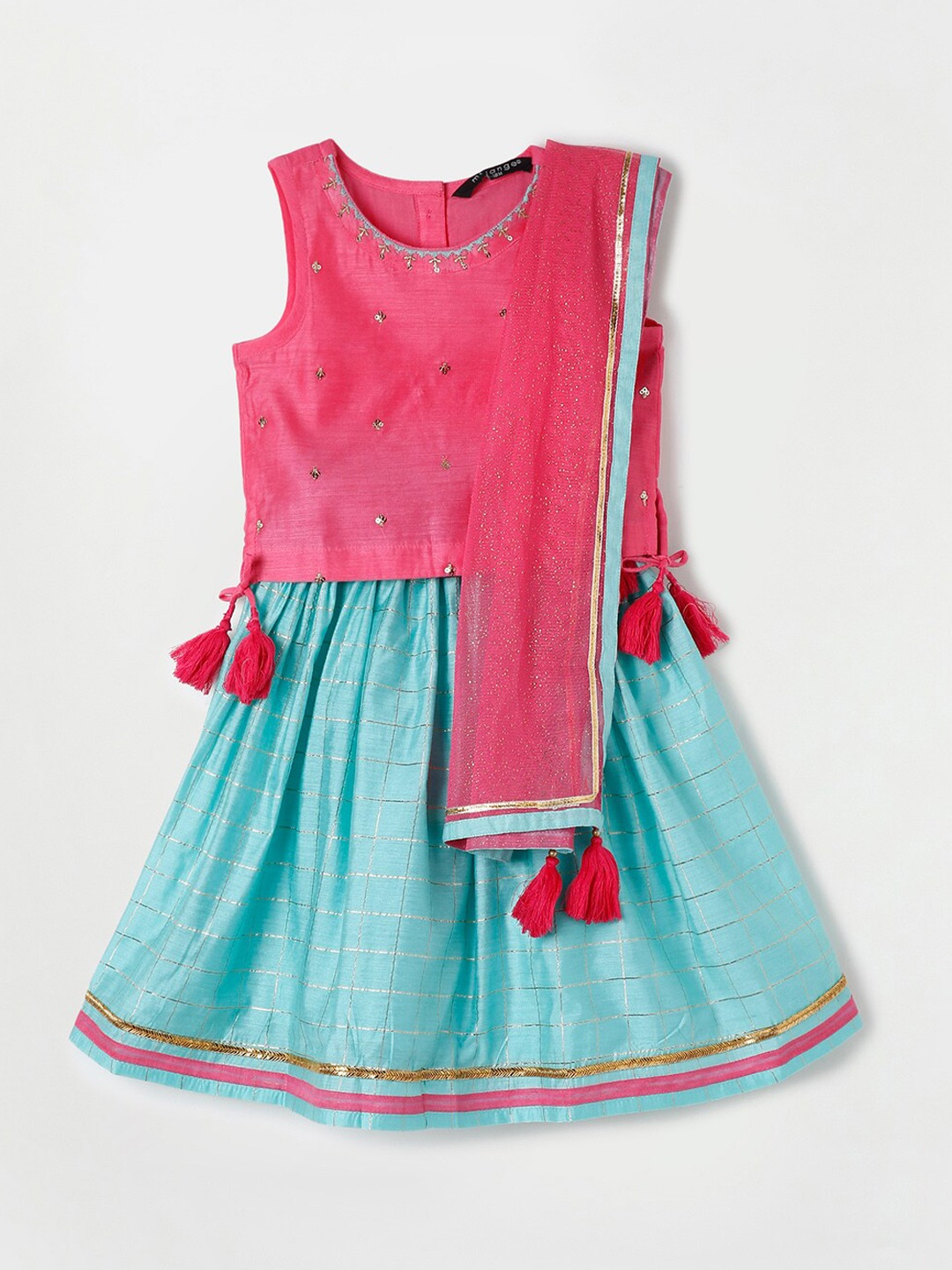 

Melange by Lifestyle Girls Teal & Pink Embellished Ready to Wear Lehenga Blouse & Dupatta