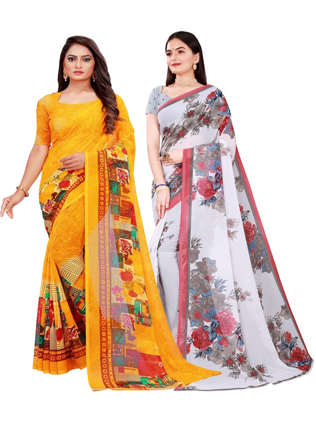 

Silk Bazar Pack of 2 Yellow & White Floral Pure Georgette Saree