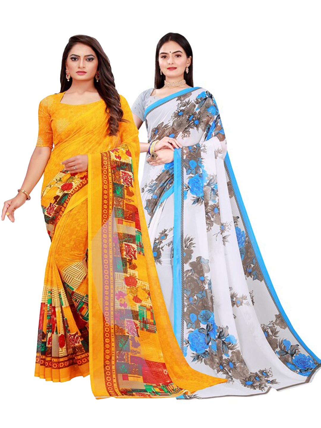 

Silk Bazar Pack of 2 Yellow & White Floral Printed Pure Georgette Saree