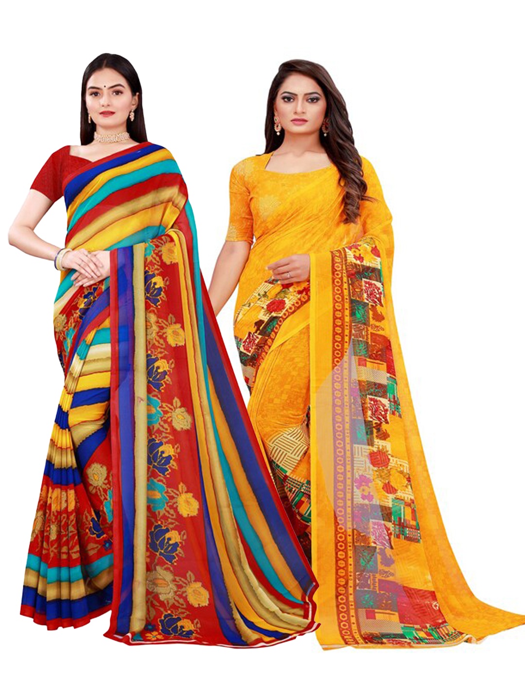 Silk Bazar Pack of 2 Yellow & Red Floral Printed Pure Georgette Saree