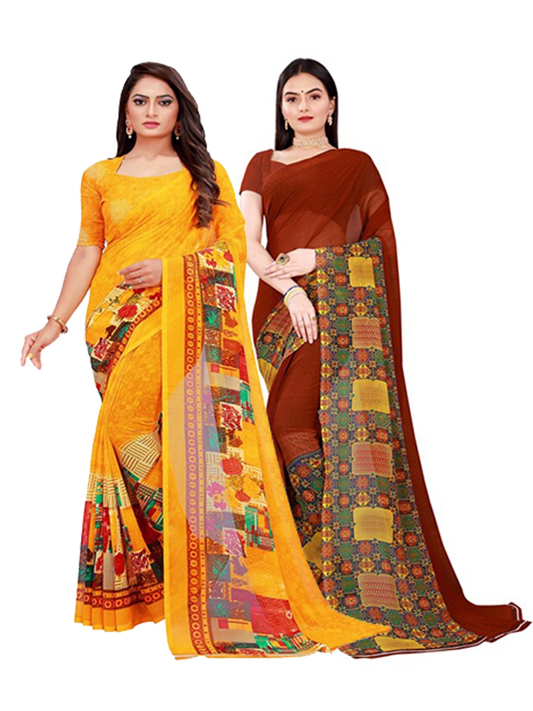 

Silk Bazar Pack of 2 Yellow & Maroon Geometric Printed Pure Georgette Saree