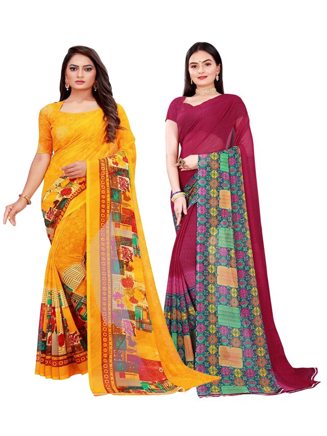 

Silk Bazar Pack of 2 Yellow & Maroon Geometric Printed Pure Georgette Saree