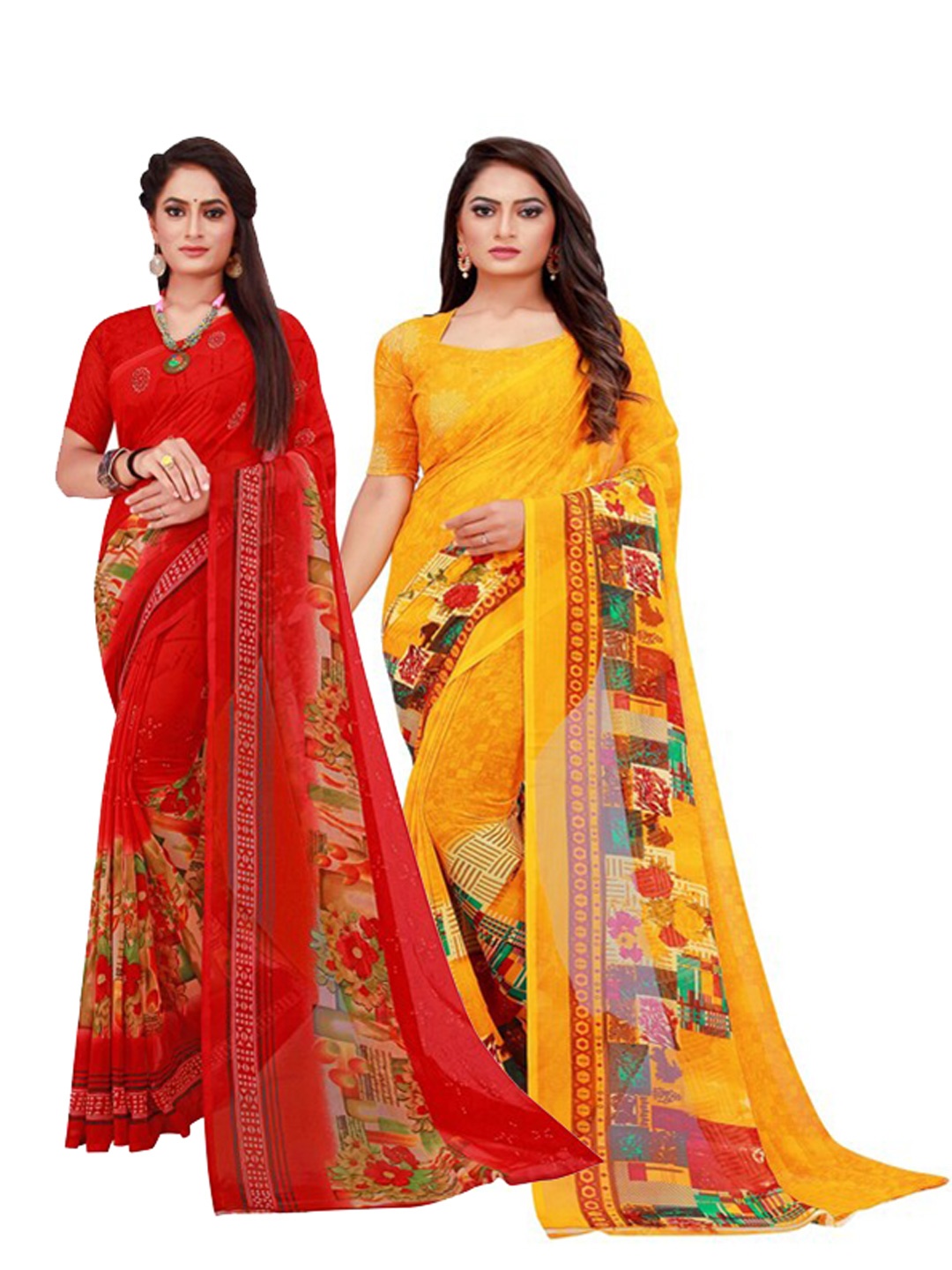 

Silk Bazar Pack of 2 Red & Yellow Floral Printed Pure Georgette Saree