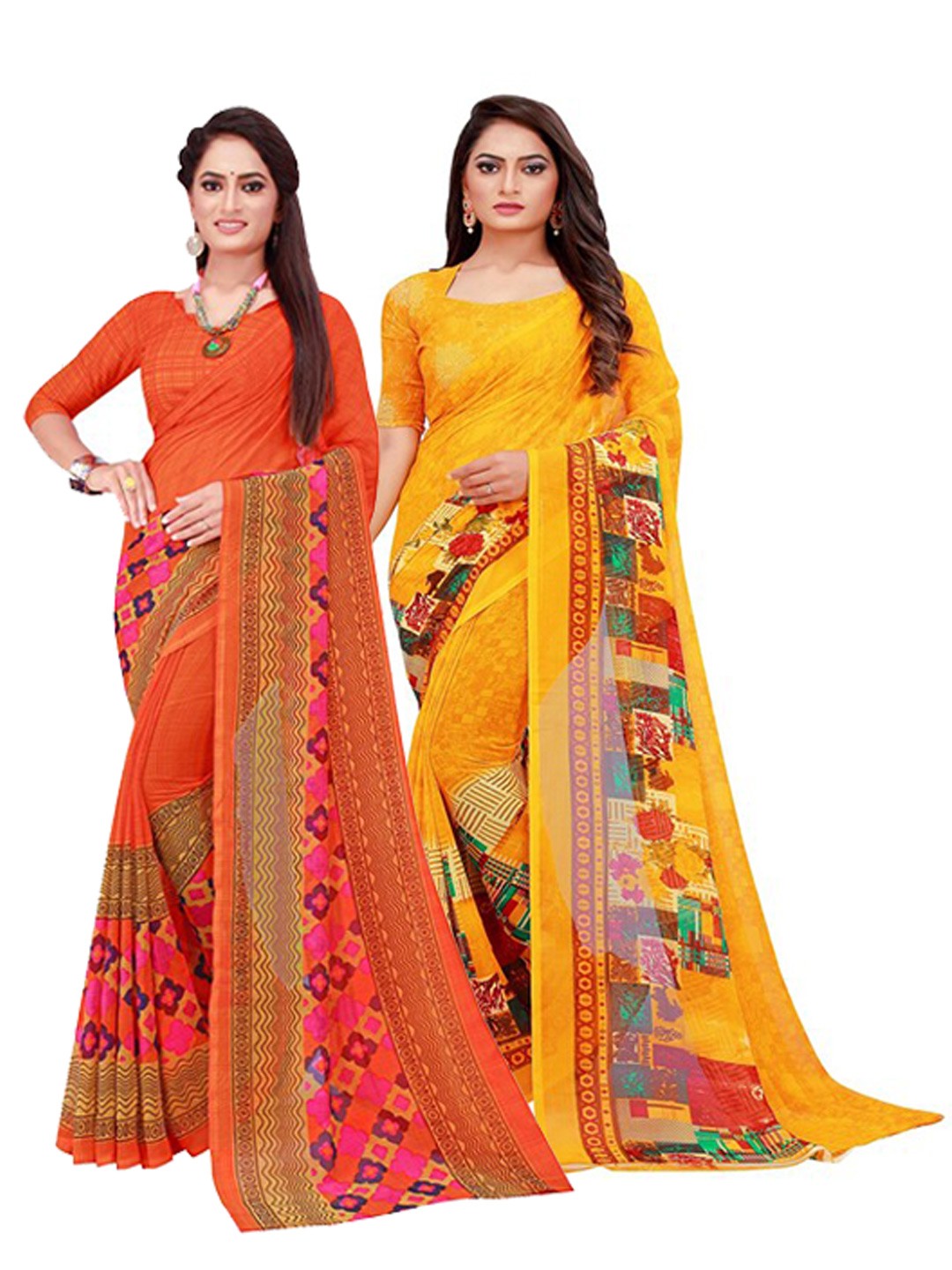 

Silk Bazar Pack of 2 Orange & Yellow Geometric Printed Pure Georgette Saree