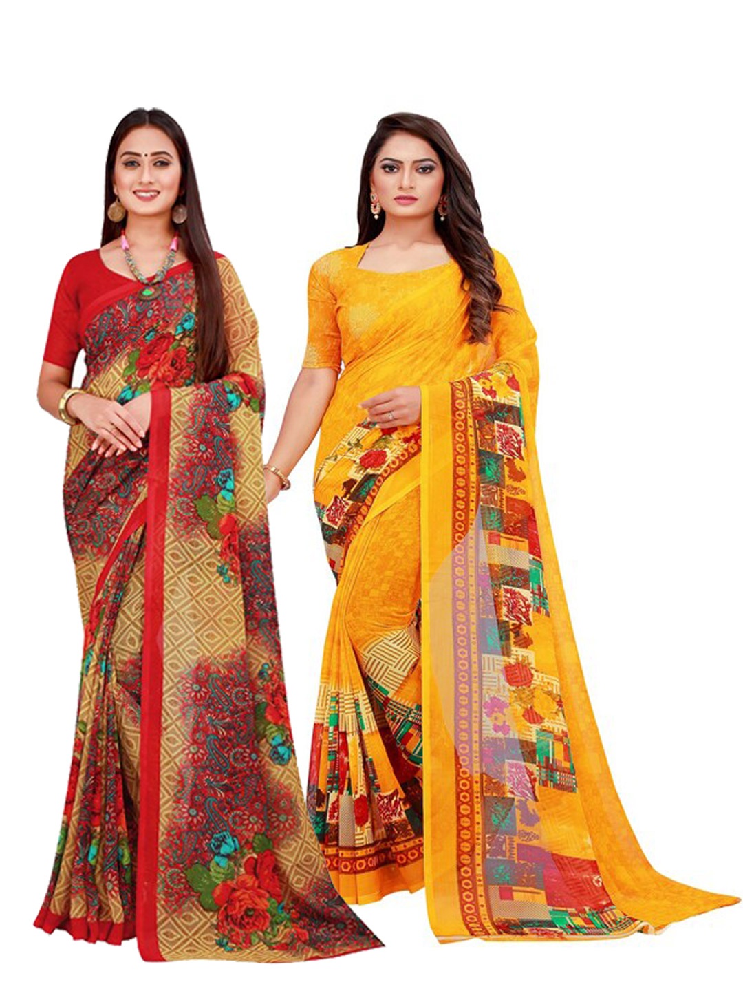 

Silk Bazar Pack of 2 Red & Yellow Floral Pure Georgette Saree