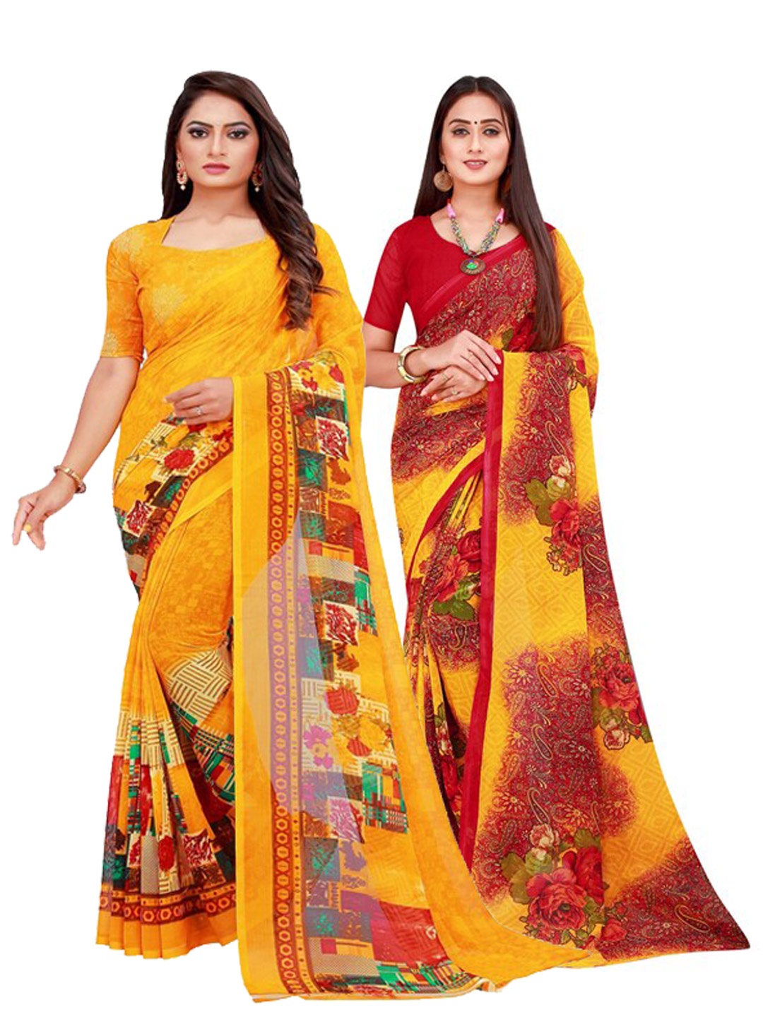 

Silk Bazar Yellow & Maroon Floral Printed Pure Georgette Saree