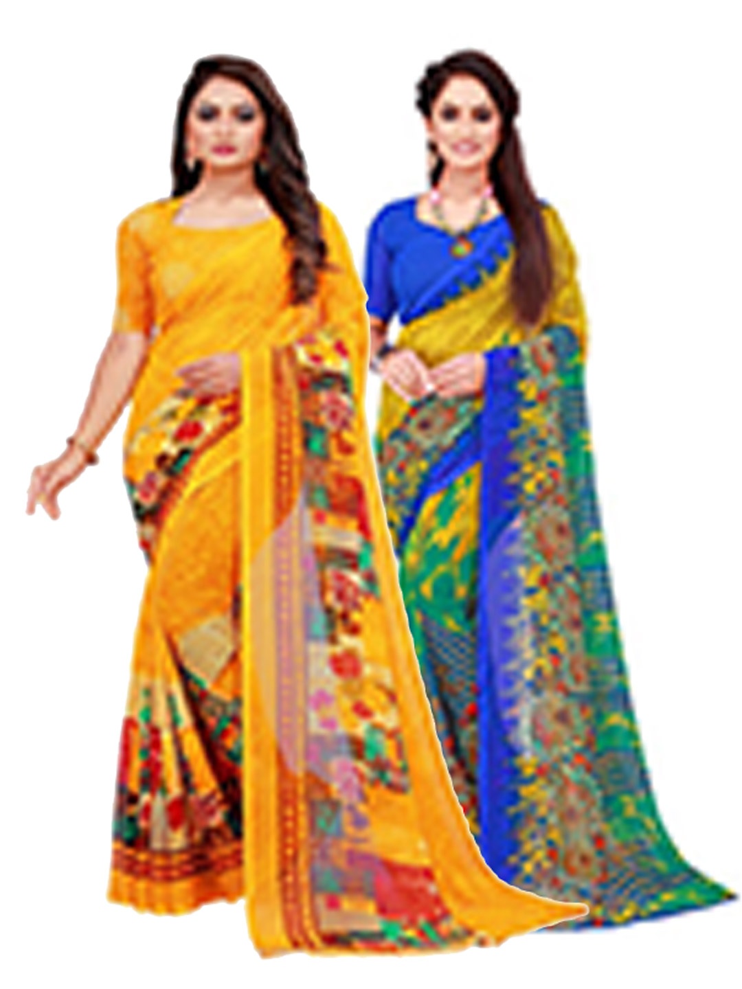 Silk Bazar Pack of 2 Yellow & Blue Floral Printed Pure Georgette Saree