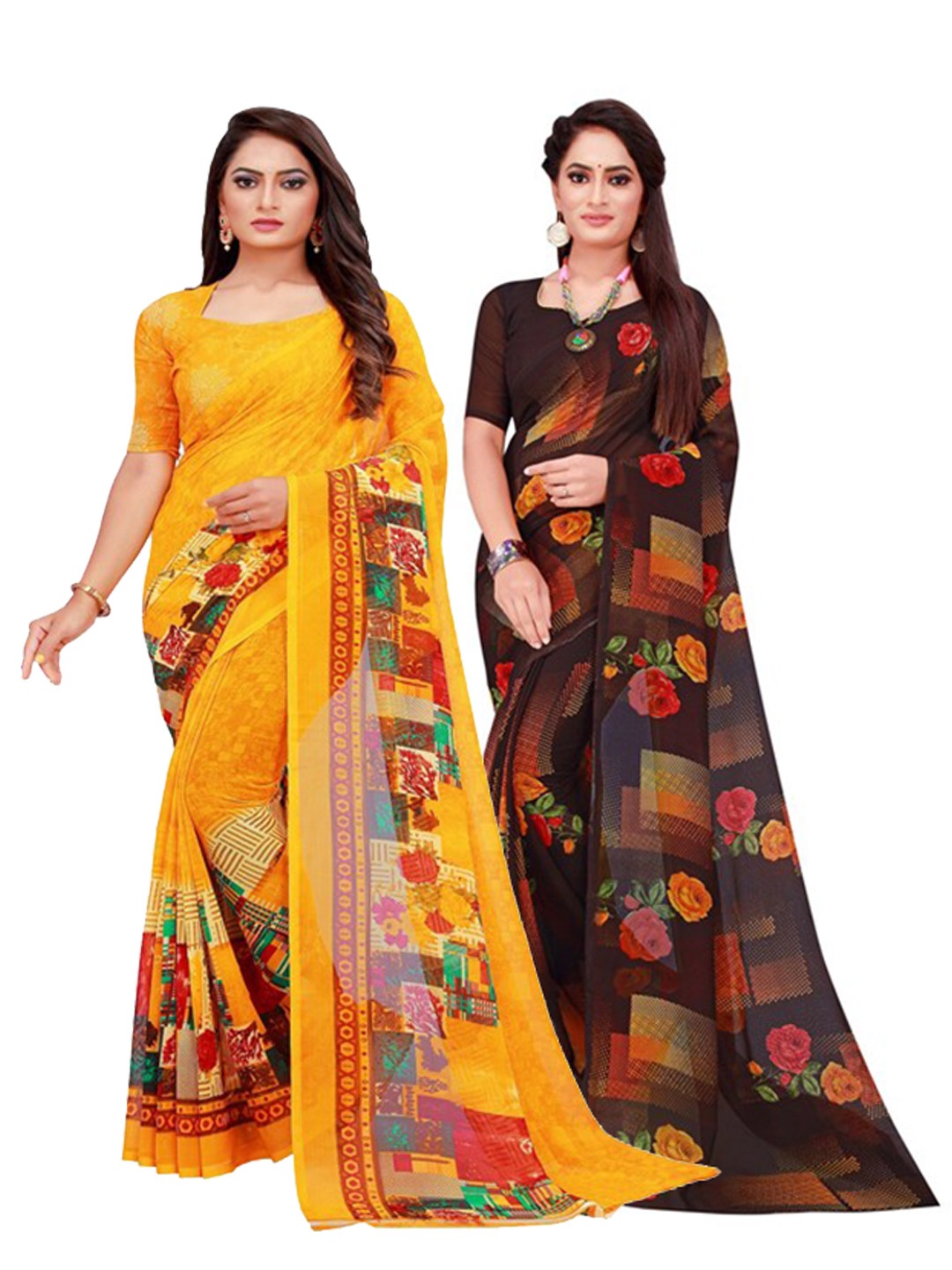 

Silk Bazar Pack of 2 Yellow & Brown Floral Printed Pure Georgette Saree