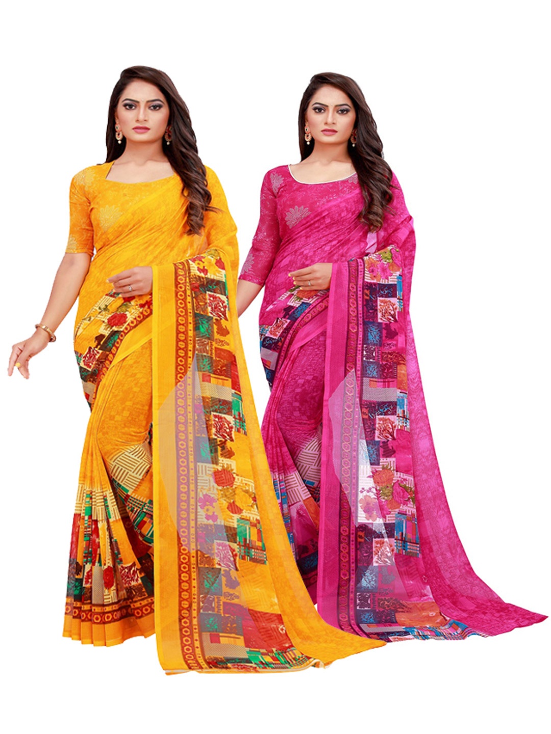 

Silk Bazar Pack of 2 Yellow & Magenta Pure Georgette Saree