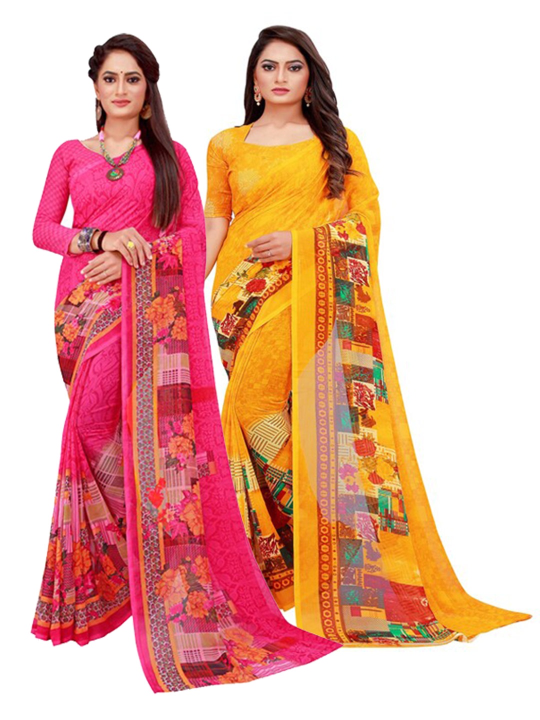 

Silk Bazar Pack of 2 Magenta & Yellow Floral Printed Pure Georgette Saree