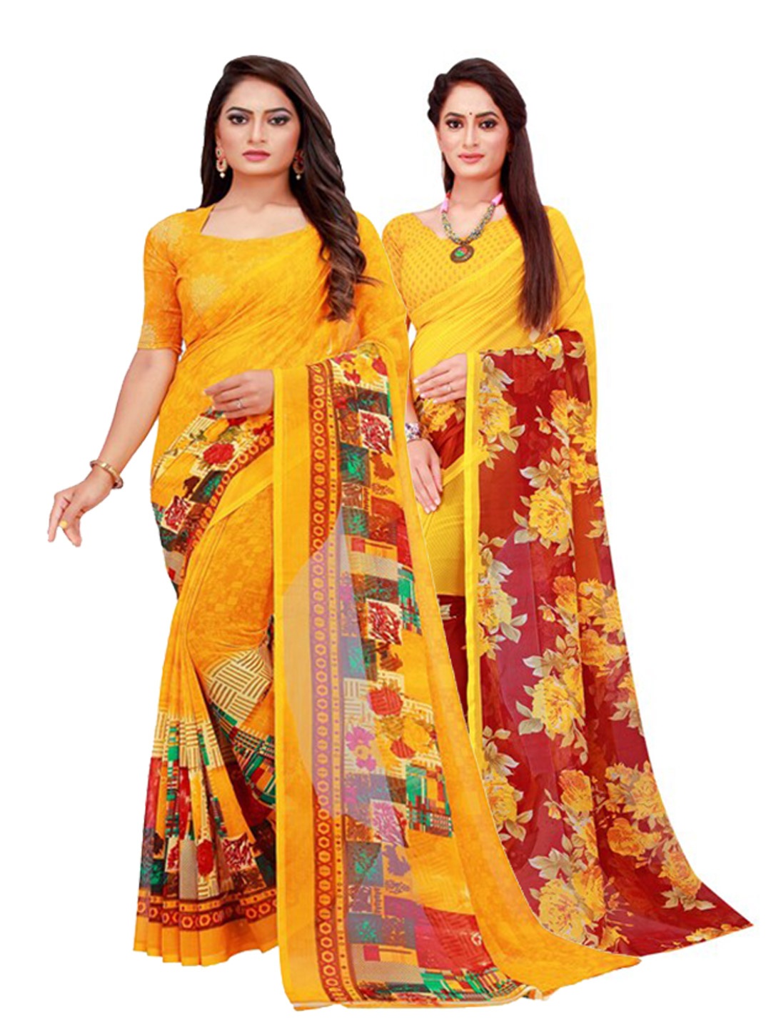 

Silk Bazar Pack of 2 Yellow & Maroon Floral Printed Pure Georgette Saree
