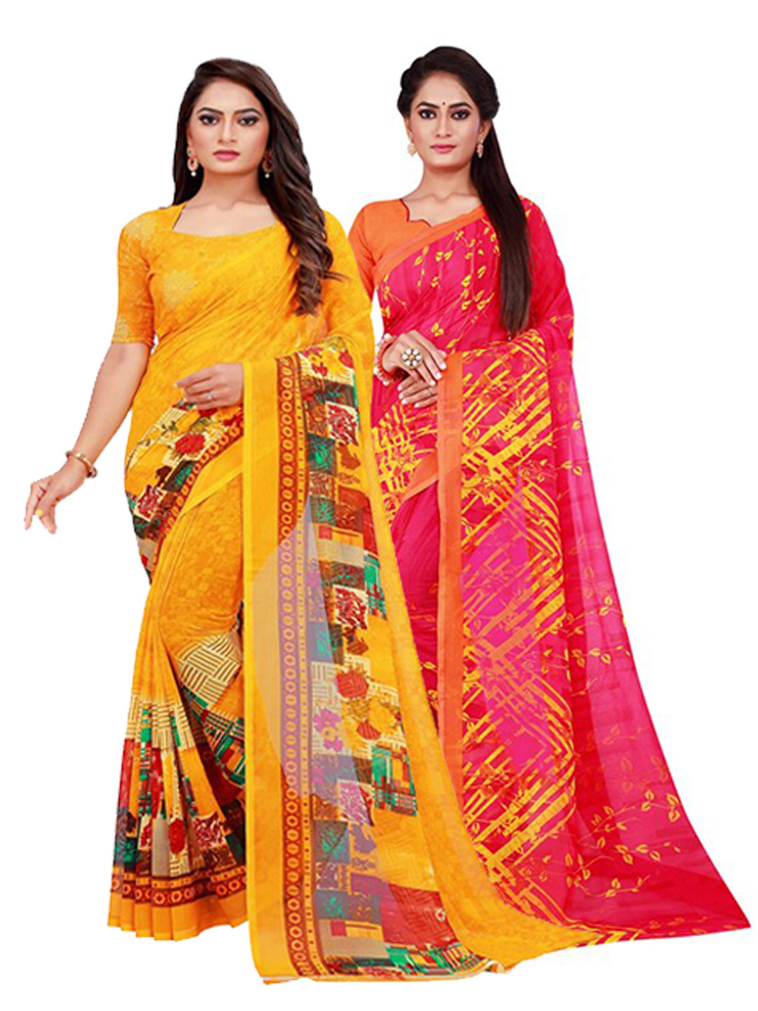 

Silk Bazar Pack of 2 Yellow & Magenta Pure Georgette Saree