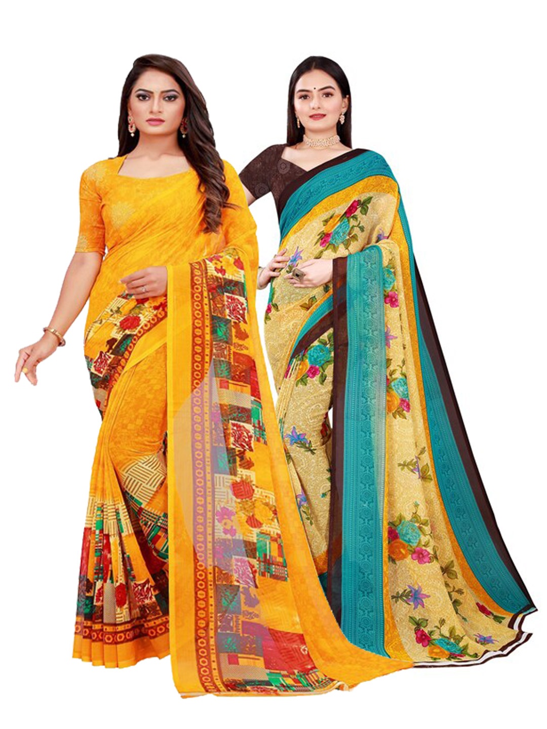 

Silk Bazar Pack of 2 Yellow & Beige Floral Printed Pure Georgette Saree