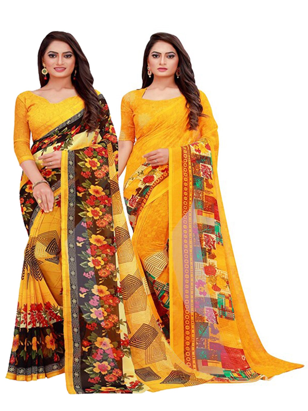 

Silk Bazar Pack of 2 Yellow & Brown Floral Pure Georgette Saree