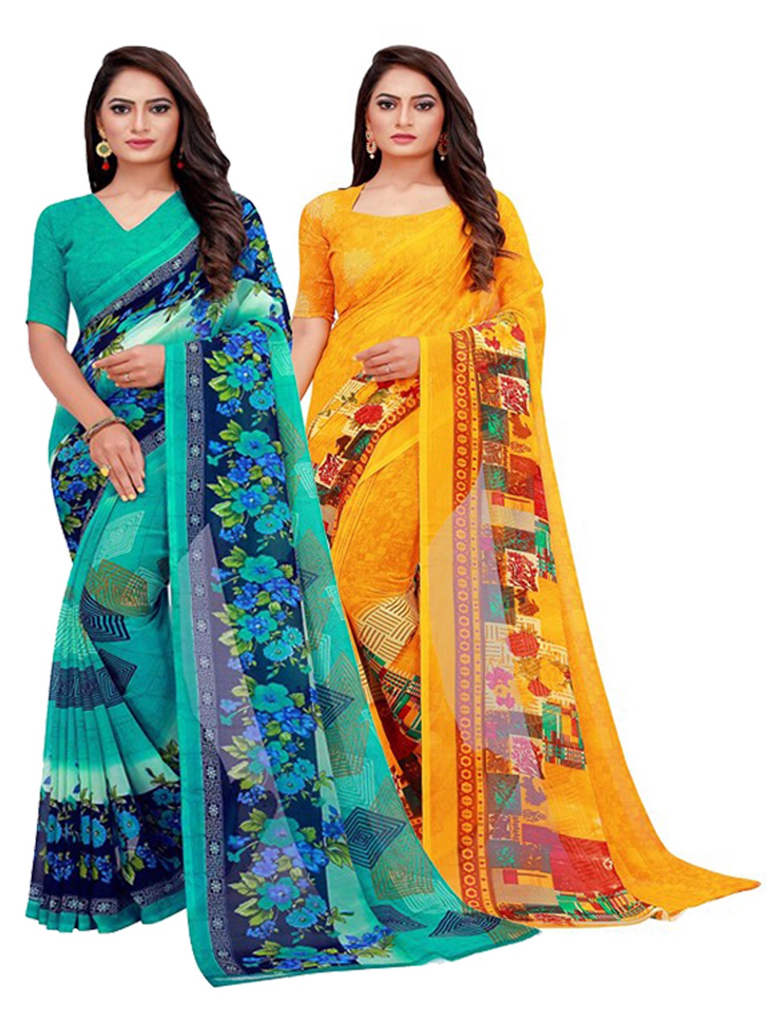 

Silk Bazar Pack of 2 Turquoise Blue & Yellow Floral Pure Georgette Saree