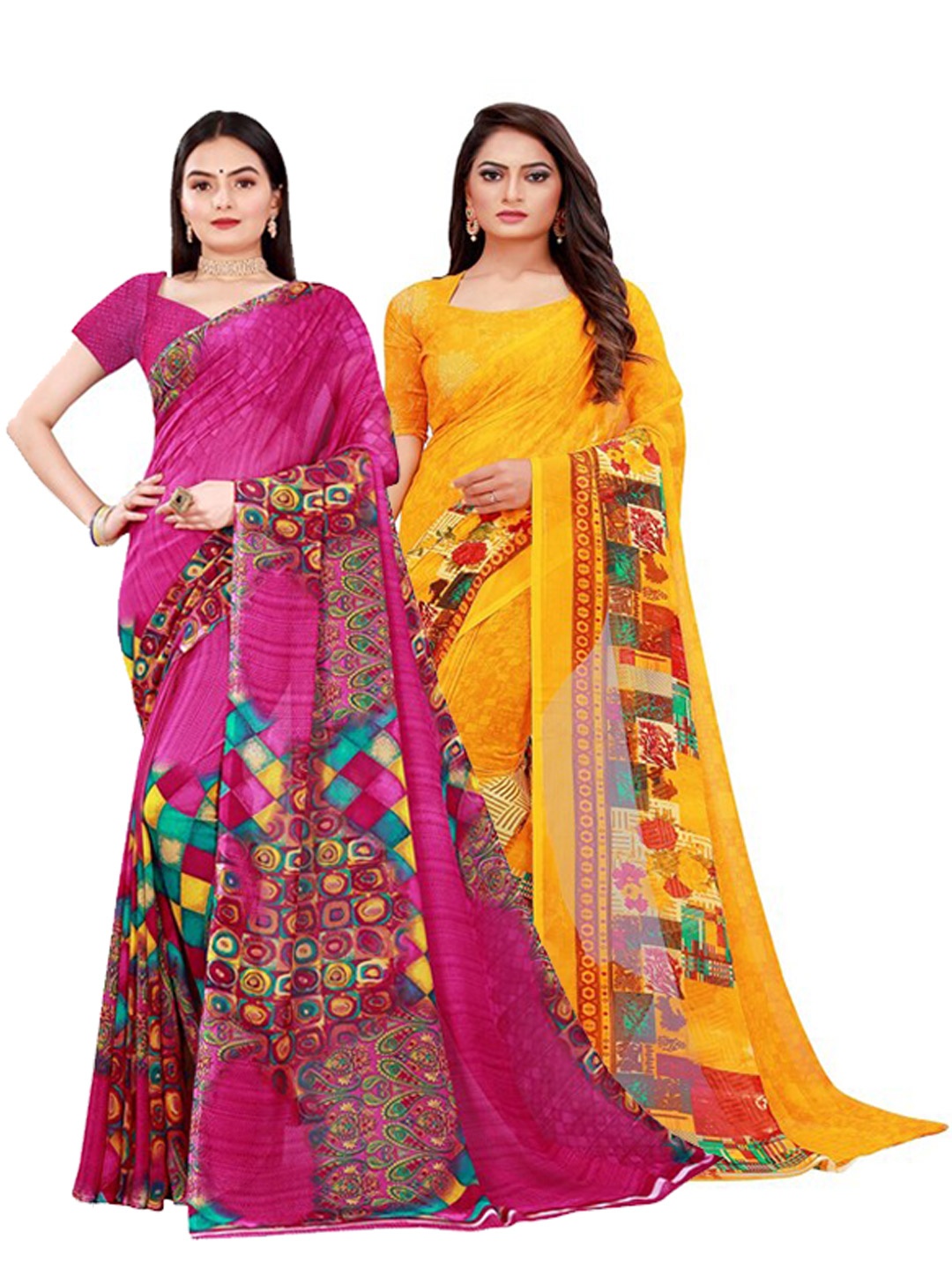 

Silk Bazar Pack of 2 Magenta & Yellow Pure Georgette Saree