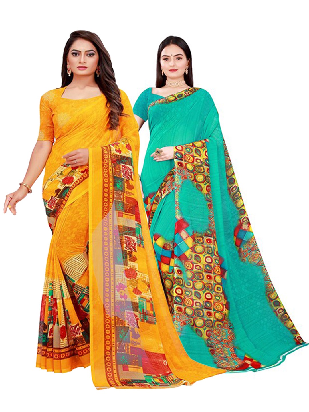 

Silk Bazar Pack of 2 Yellow & Blue Pure Georgette Saree