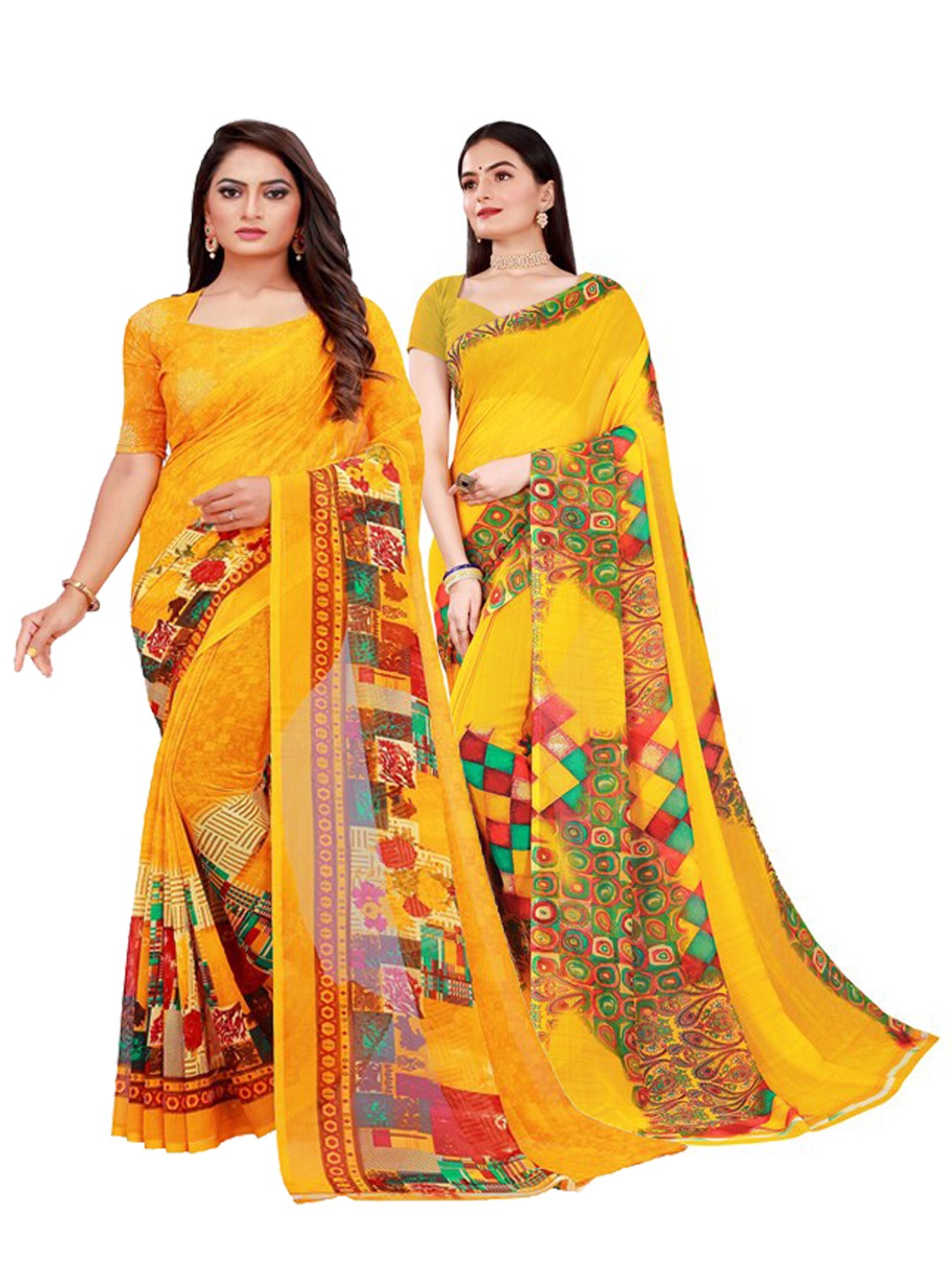 

Silk Bazar Pack of 2 Yellow & Beige Pure Georgette Saree