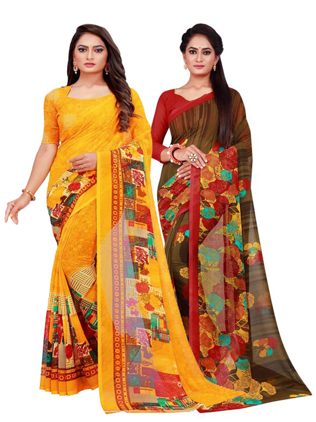 

Silk Bazar Pack of 2 Yellow & Brown Pure Georgette Saree