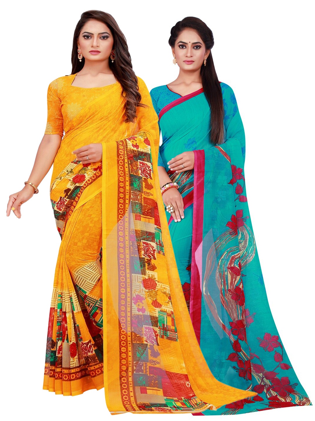 

Silk Bazar Pack of 2 Yellow & Turquoise Blue Pure Georgette Saree