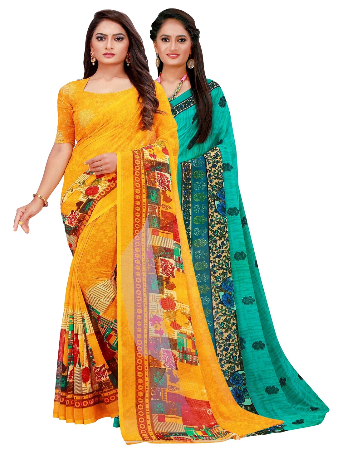 

Silk Bazar Pack of 2 Yellow & Turquoise Blue Pure Georgette Saree