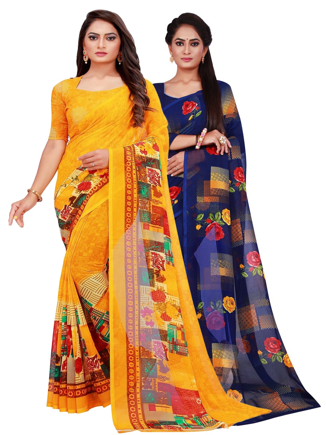 Silk Bazar Pack of 2 Yellow & Navy Blue Pure Georgette Saree