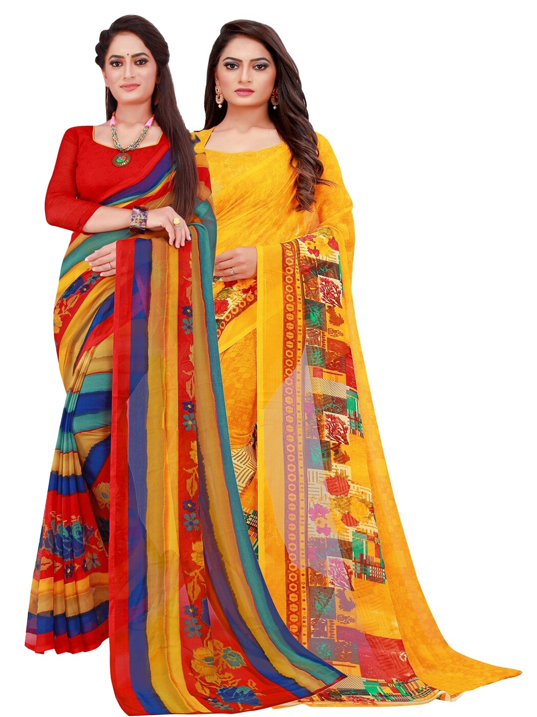 

Silk Bazar Pack of 2 Yellow & Red Pure Georgette Saree