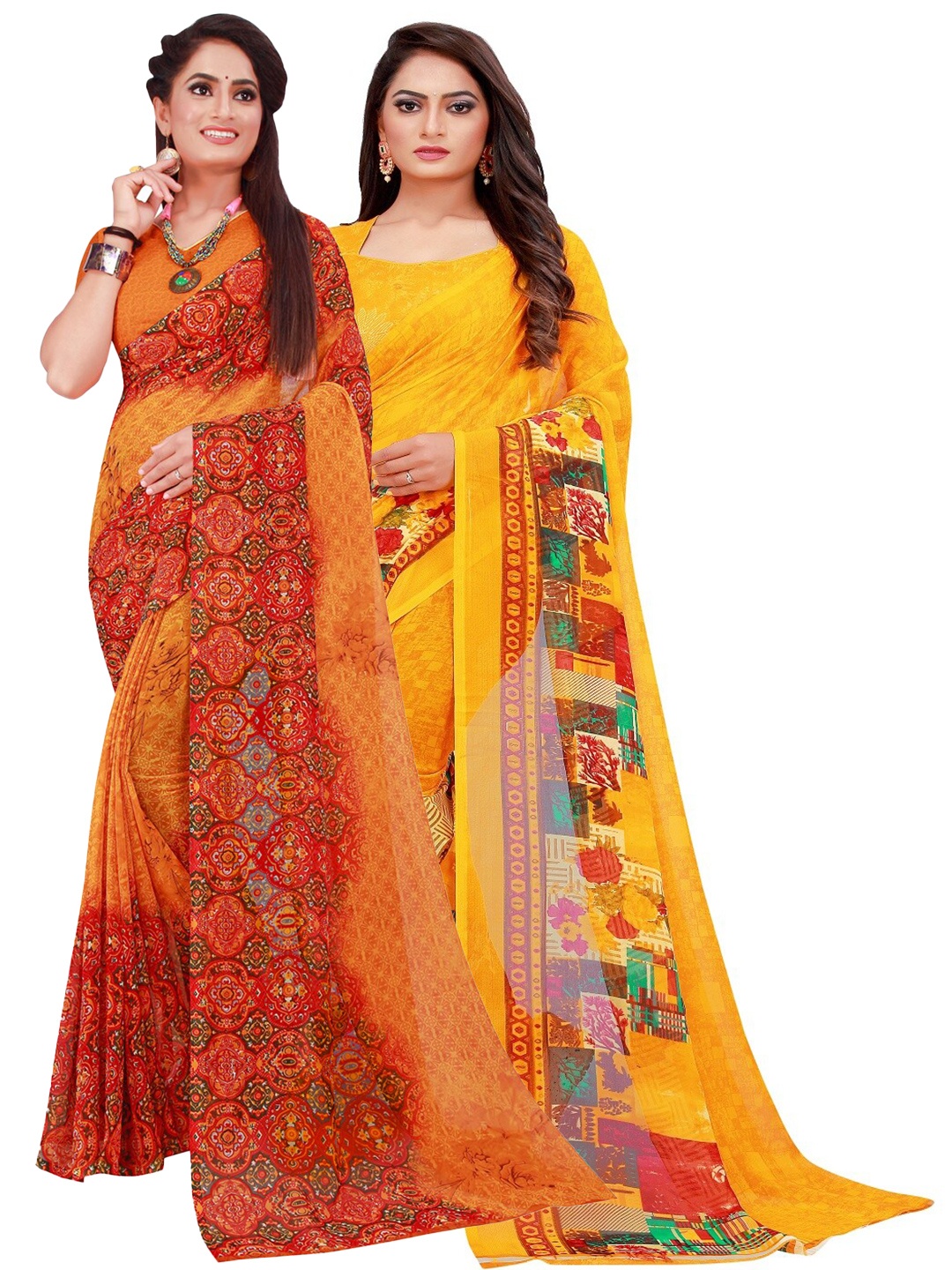 

Silk Bazar Pack of 2 Orange & Yellow Pure Georgette Saree