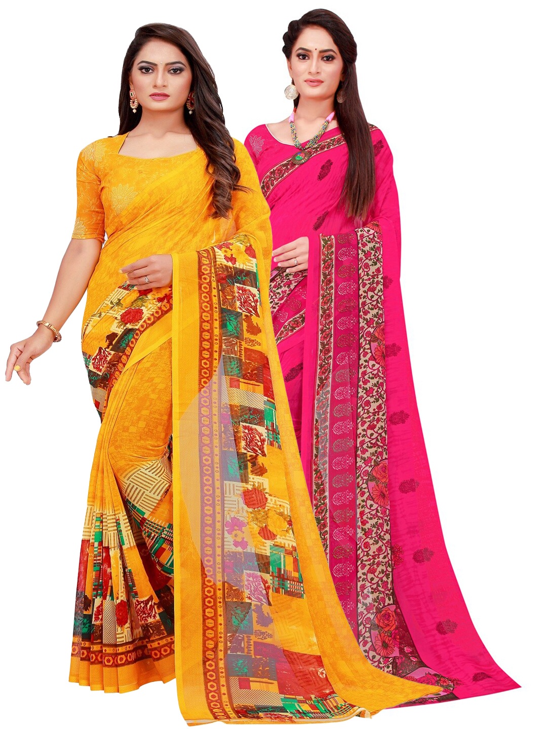 

Silk Bazar Pack of 2 Yellow & Magenta Pure Georgette Saree