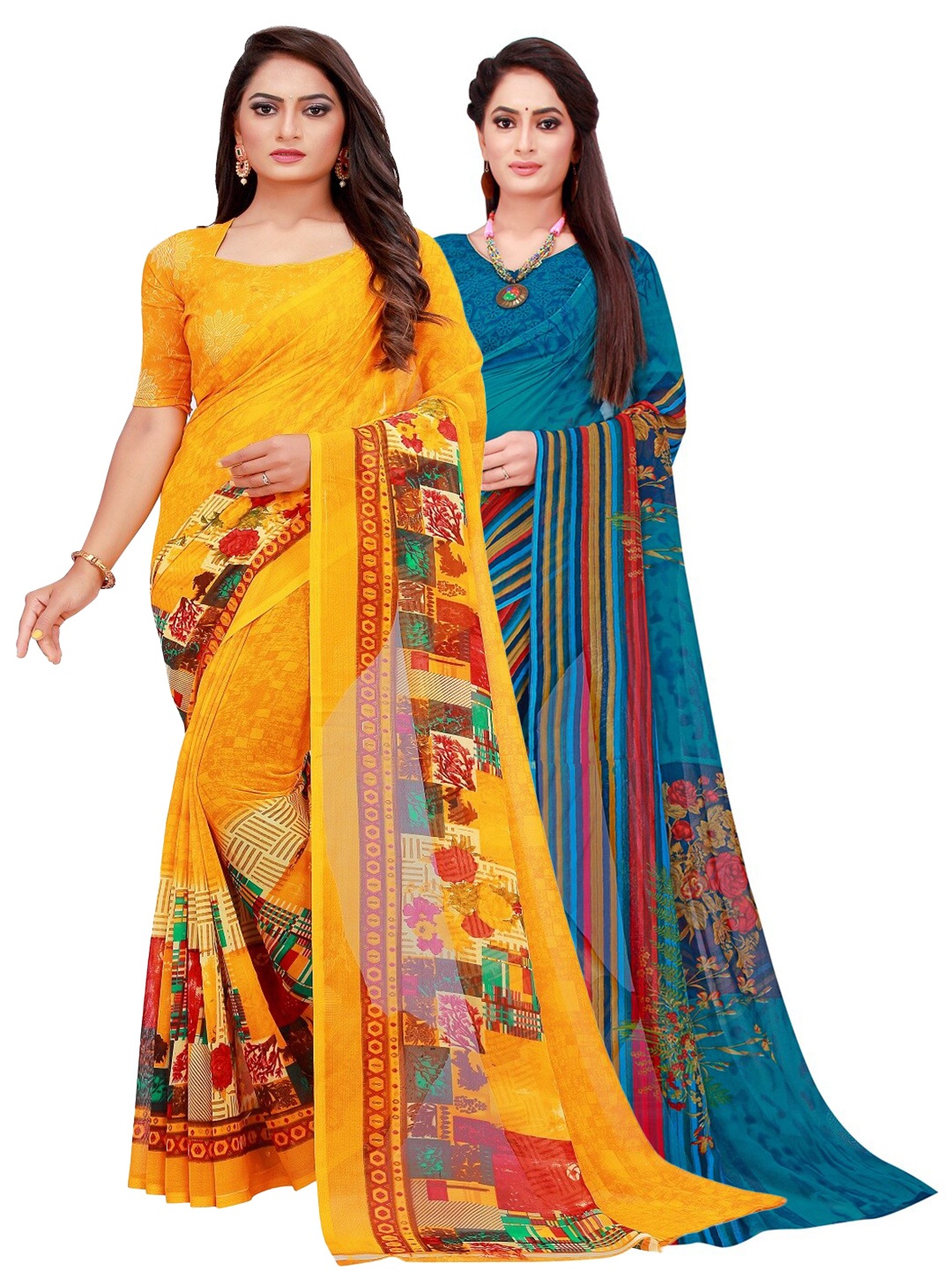 

Silk Bazar Pack of 2 Yellow & Blue Pure Georgette Saree