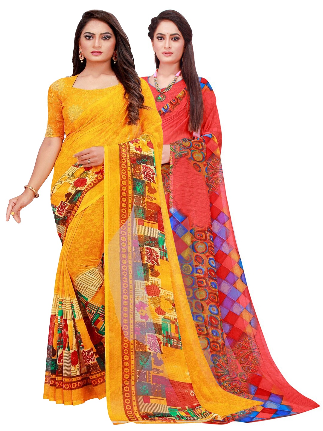 

Silk Bazar Pack of 2 Red & Yellow Pure Georgette Saree