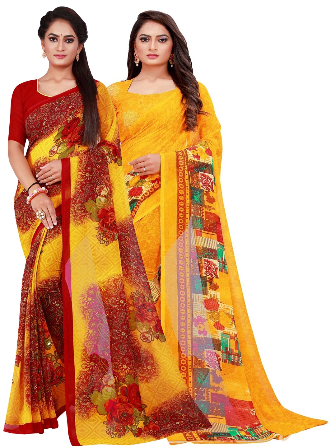 

Silk Bazar Pack of 2 Maroon & Yellow Pure Georgette Saree