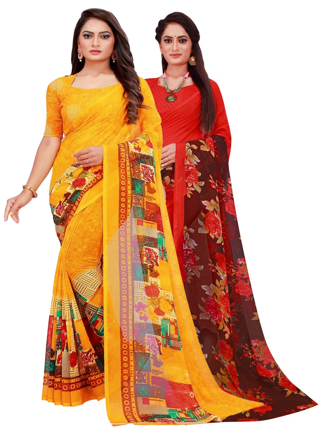 

Silk Bazar Pack of 2 Yellow & Red Pure Georgette Saree