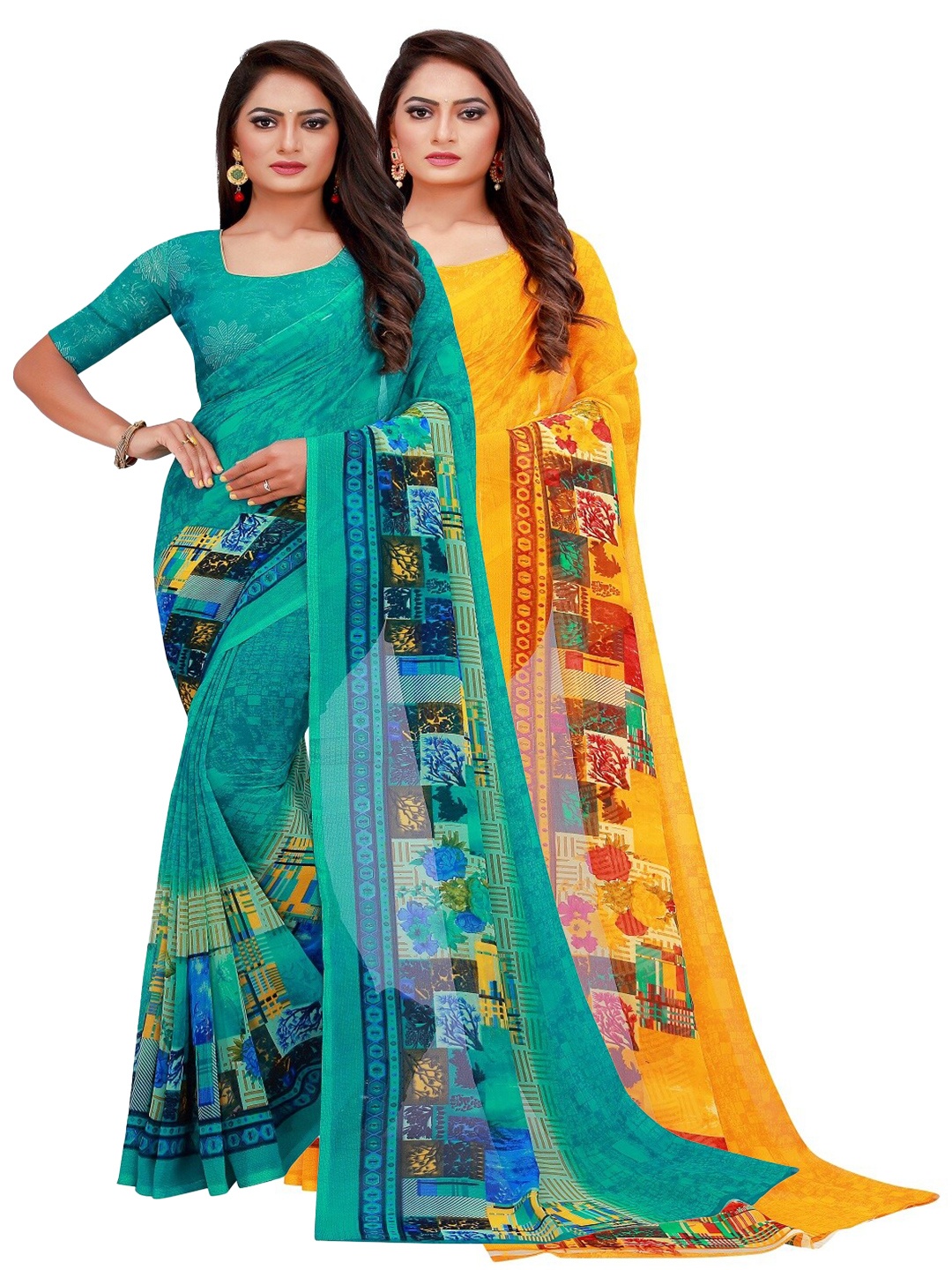 

Silk Bazar Pack of 2 Turquoise Blue & Yellow Pure Georgette Saree