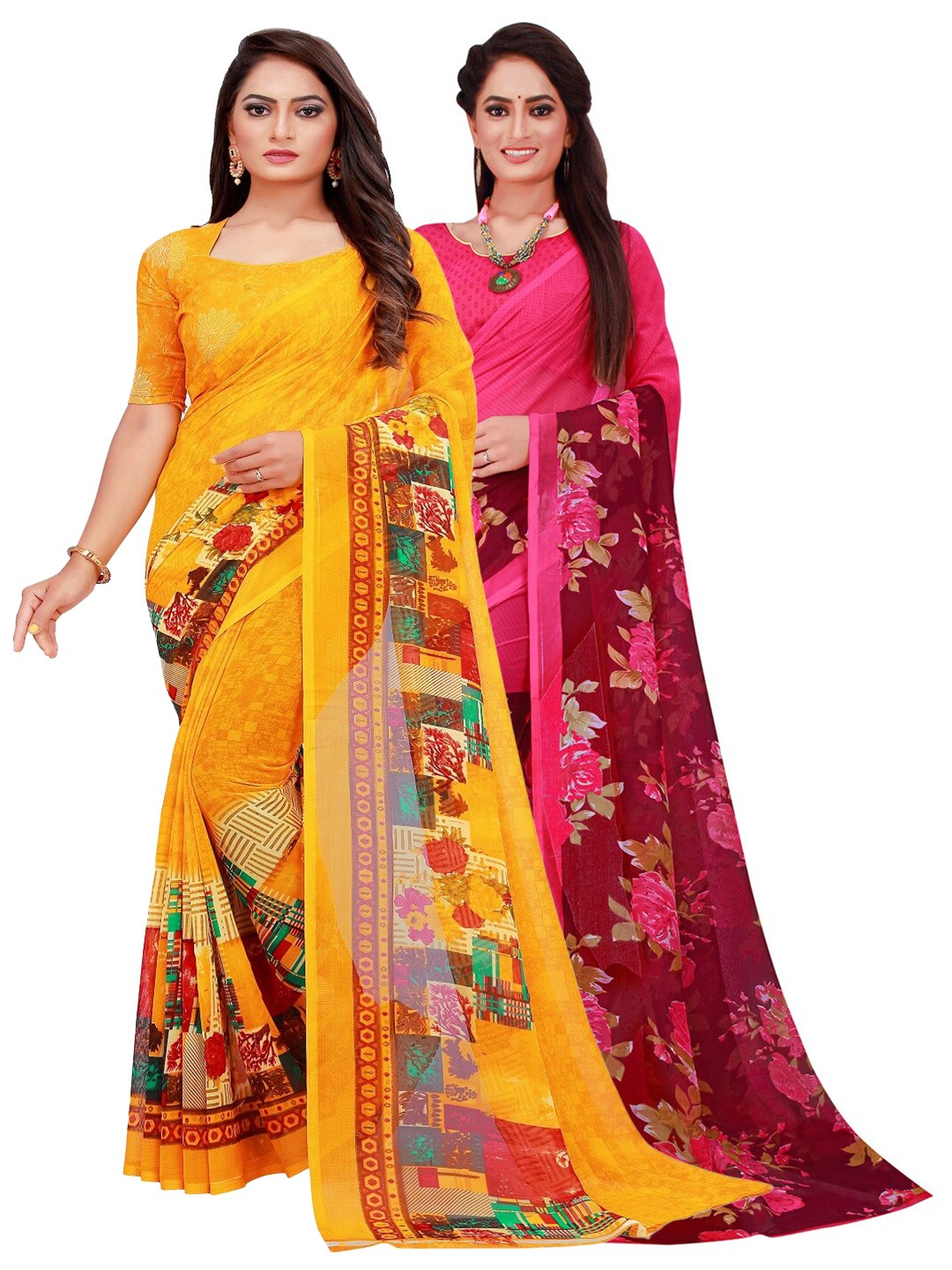 

Silk Bazar Pack of 2 Yellow & Pink Pure Georgette Saree