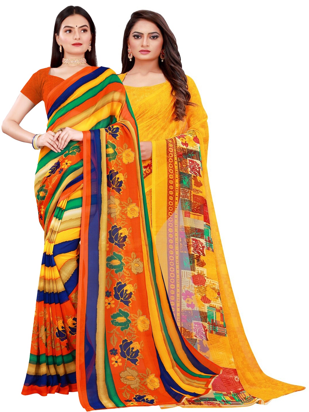 

Silk Bazar Pack of 2 Yellow & Red Pure Georgette Saree
