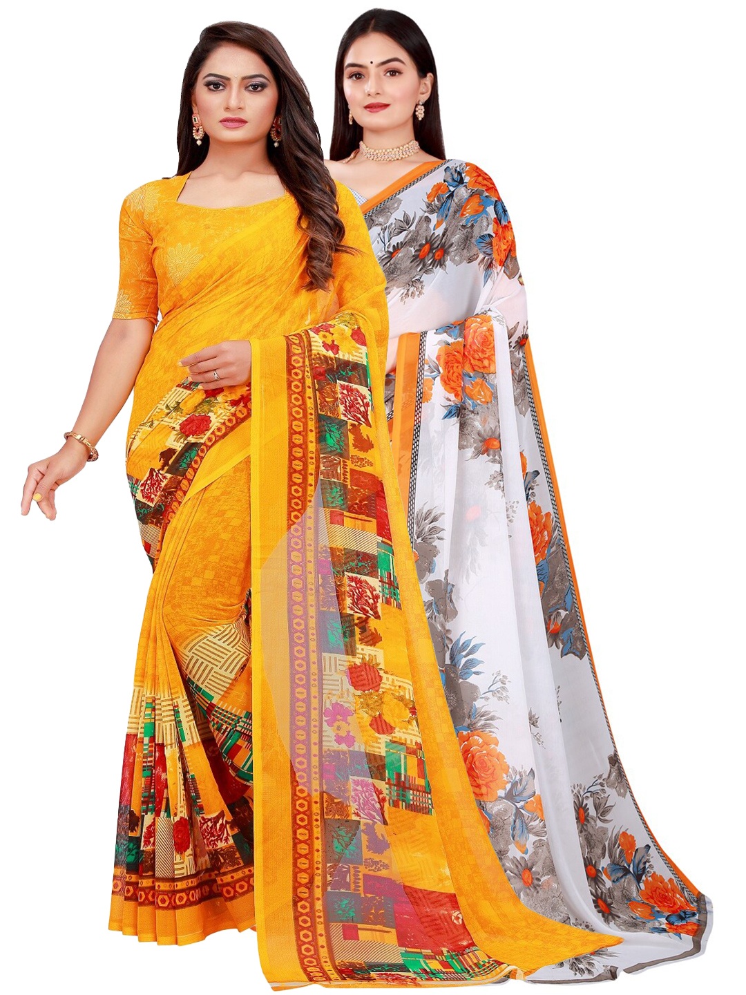

Silk Bazar Pack of 2 Yellow & White Pure Georgette Saree