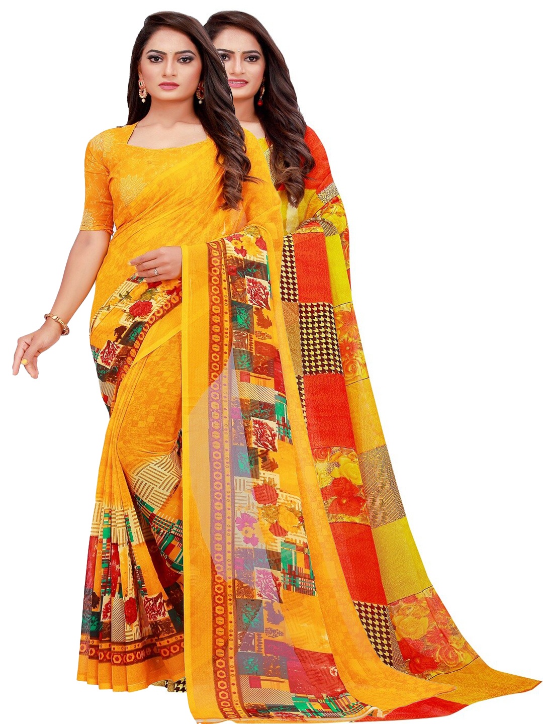 

Silk Bazar Pack of 2 Yellow & Red Pure Georgette Saree