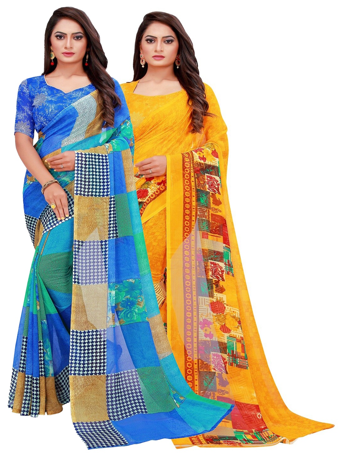 

Silk Bazar Pack of 2 Blue & Yellow Pure Georgette Saree