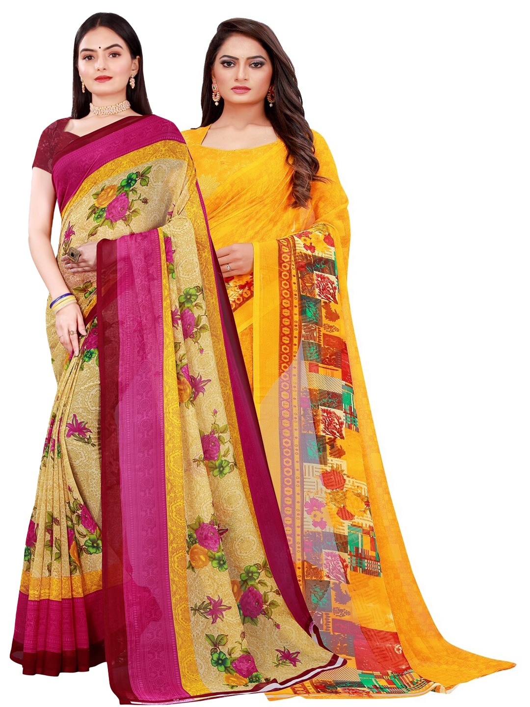 

Silk Bazar Pack of 2 Beige & Yellow Pure Georgette Saree
