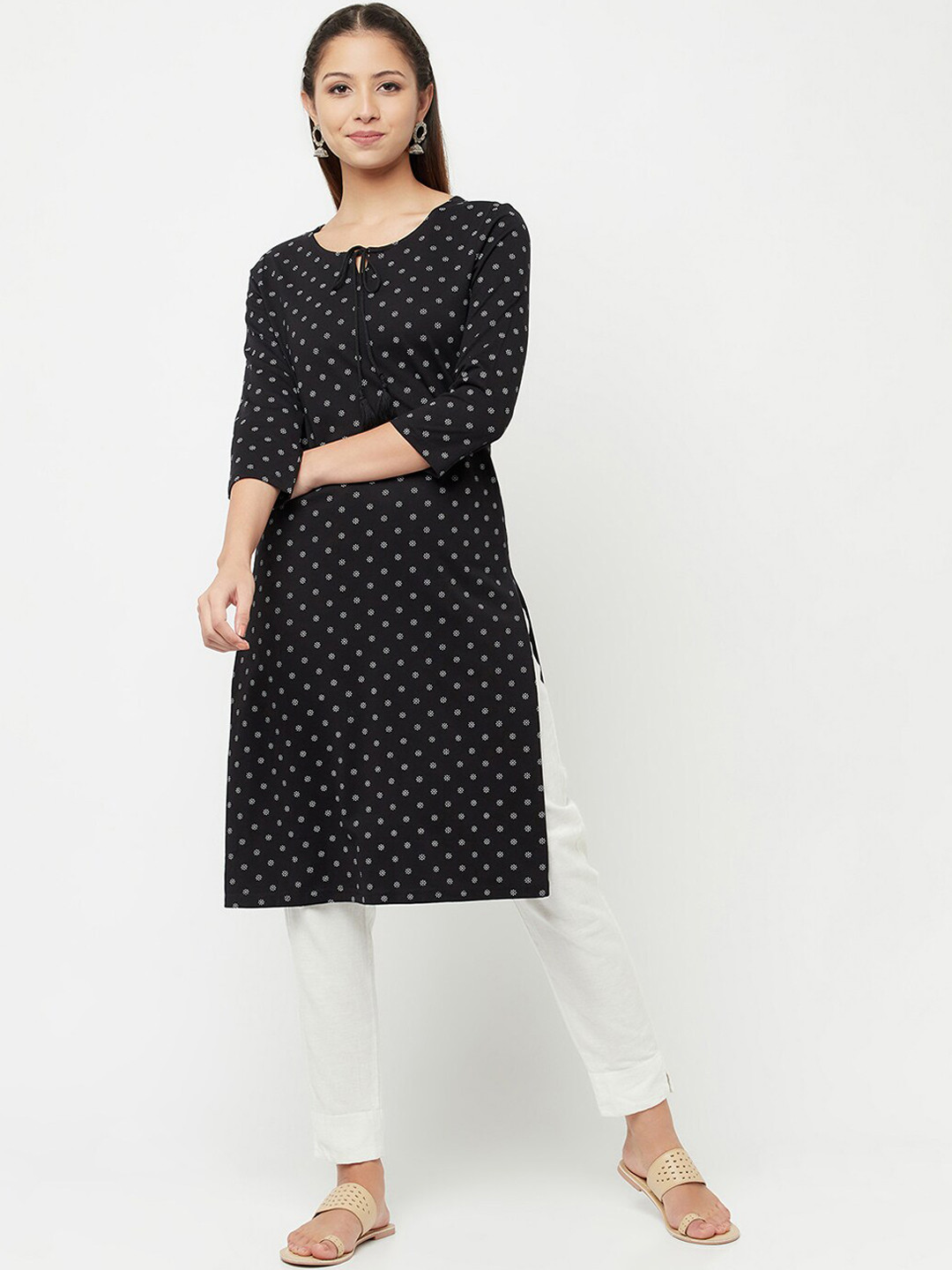 

Espresso Floral Printed Keyhole Neck Cotton Kurta, Black