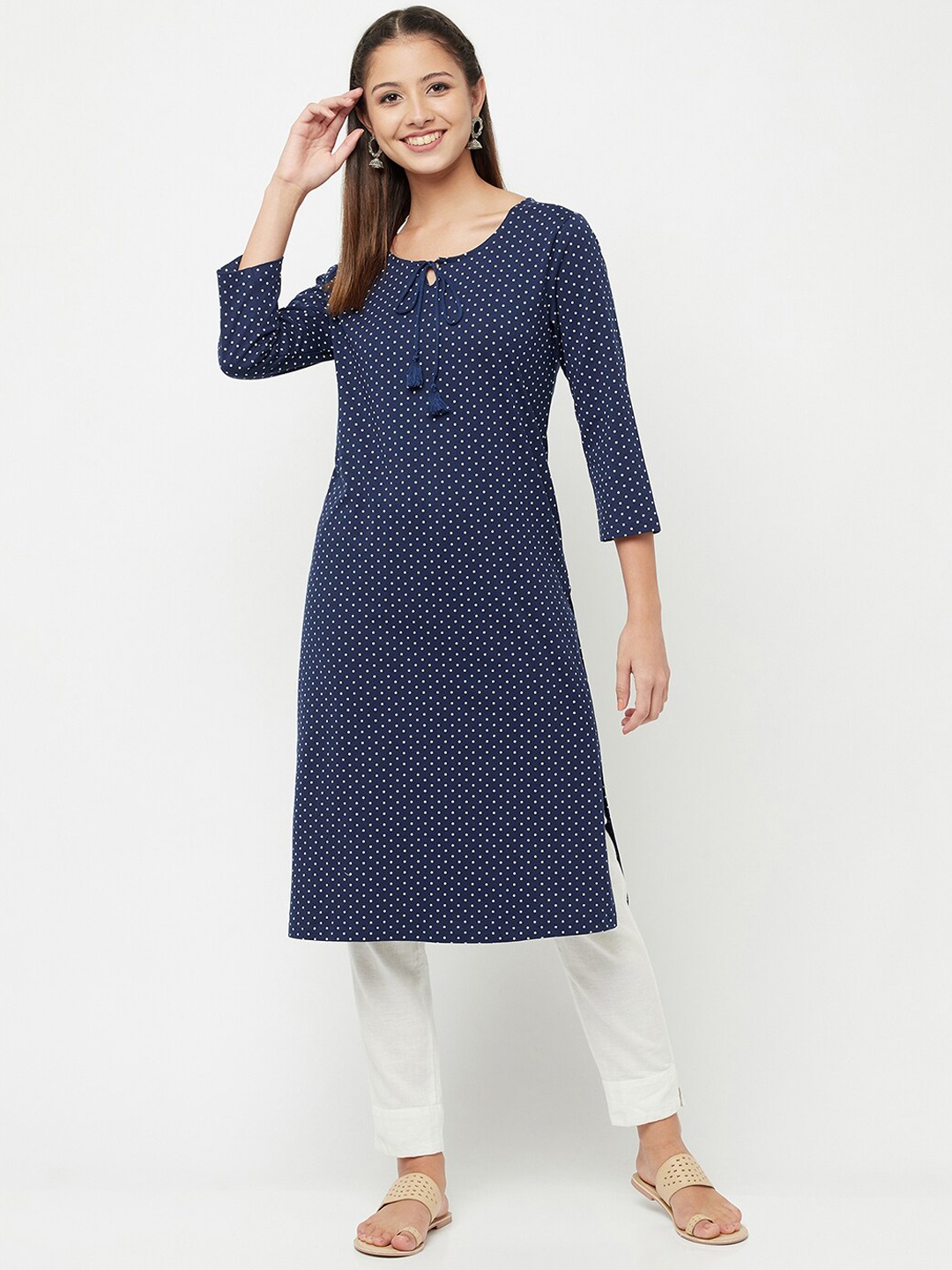 

Espresso Printed Keyhole Neck Cotton Kurta, Navy blue