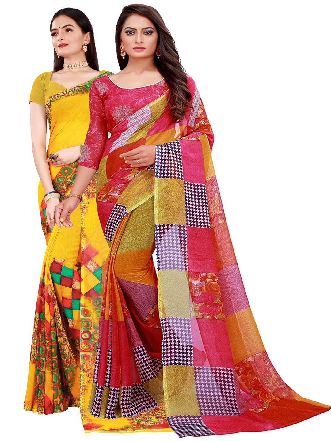 

Silk Bazar Pack of 2 Red & Yellow Pure Georgette Saree