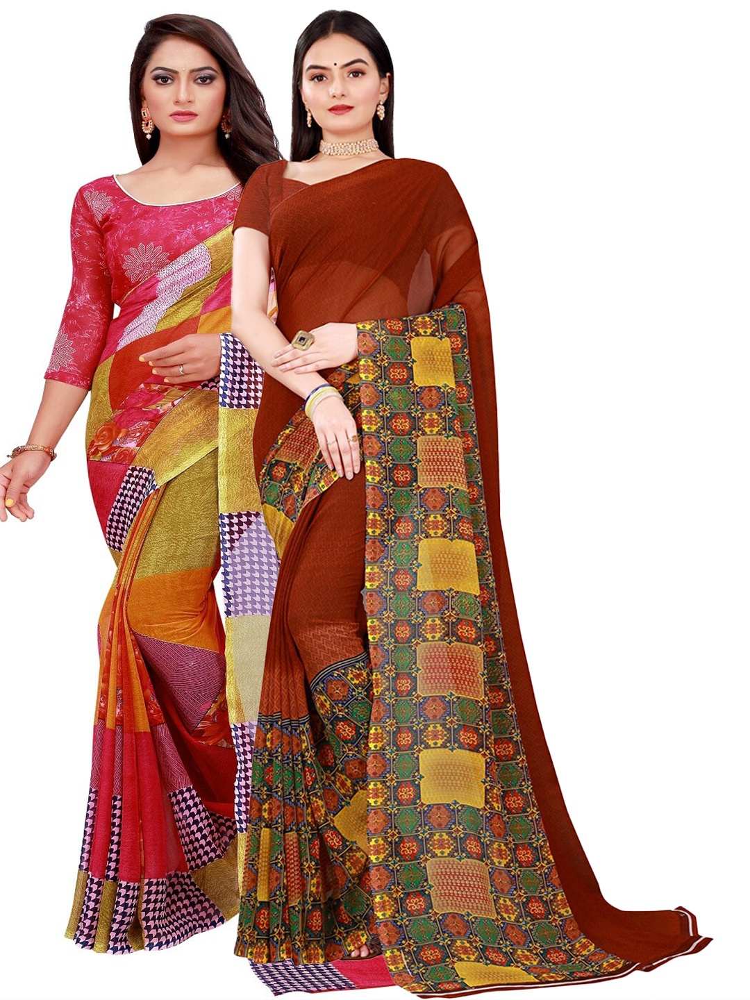 

Silk Bazar Pack of 2 Red & Maroon Pure Georgette Saree