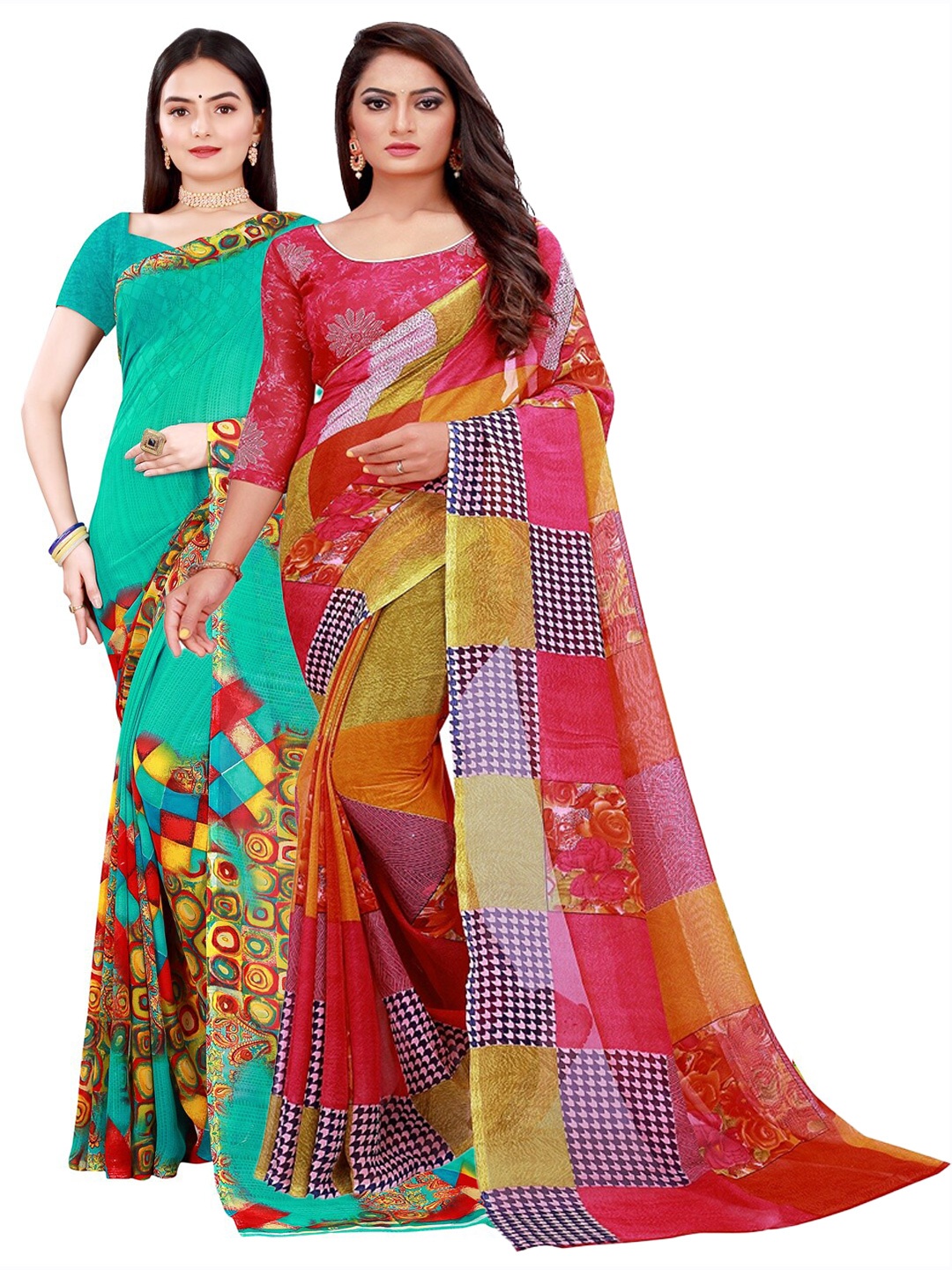

Silk Bazar Pack of 2 Red & Green Pure Georgette Saree