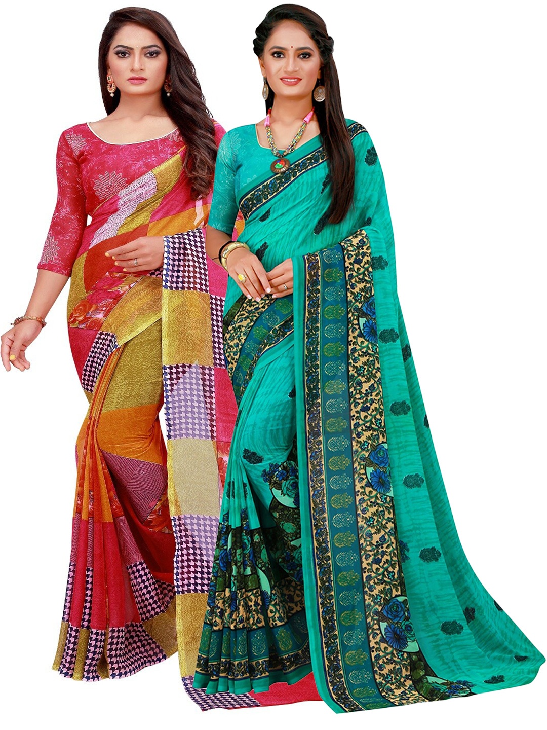 

Silk Bazar Pack of 2 Red & Turquoise Blue Pure Georgette Saree