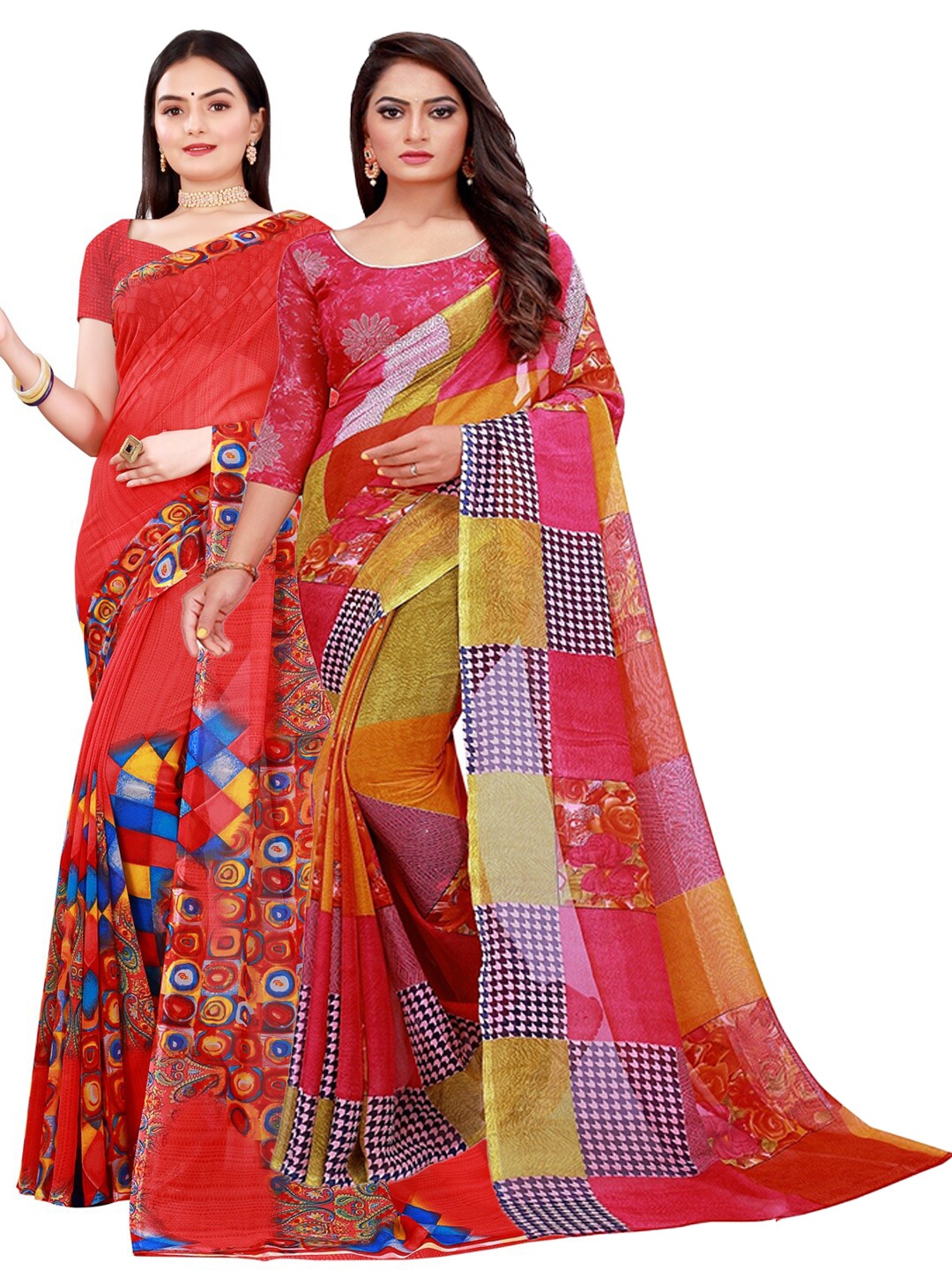 

Silk Bazar Pack of 2 Red & Pink Pure Georgette Saree