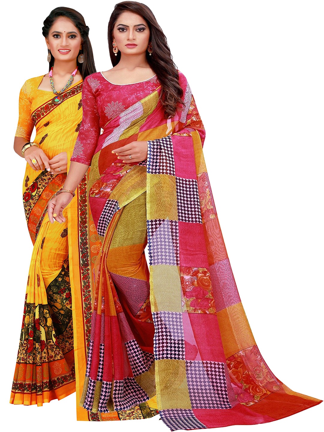 

Silk Bazar Pack of 2 Red & Yellow Pure Georgette Saree
