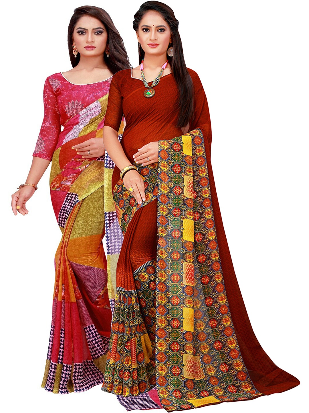 

Silk Bazar Pack of 2 Red & Maroon Pure Georgette Saree