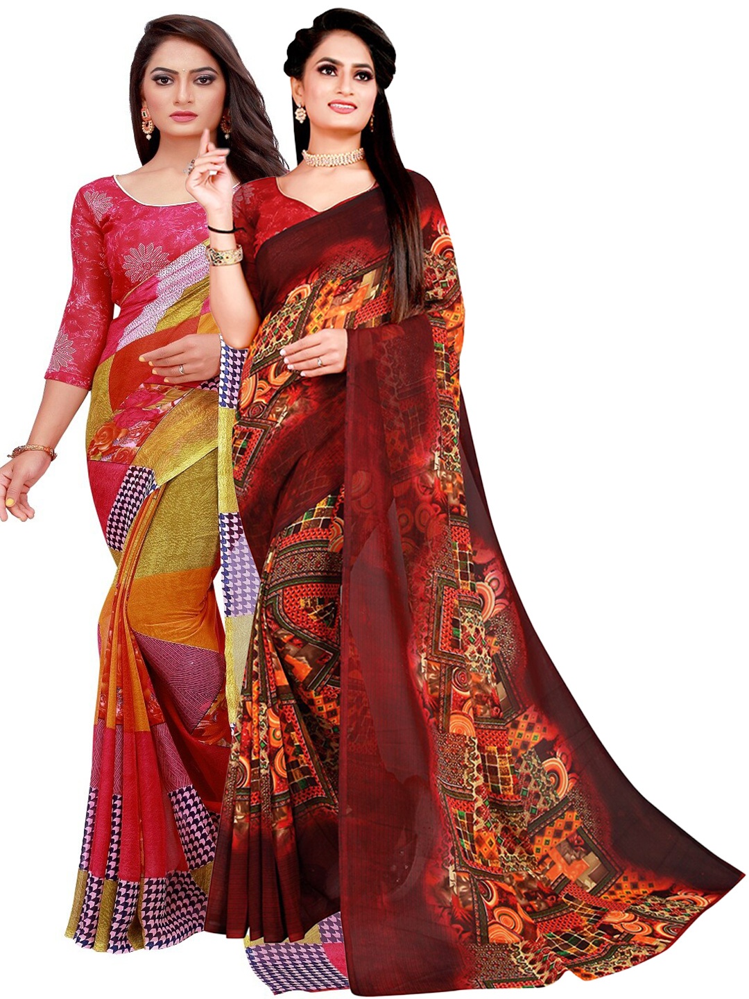 

Silk Bazar Pack of 2 Red & Brown Pure Georgette Saree